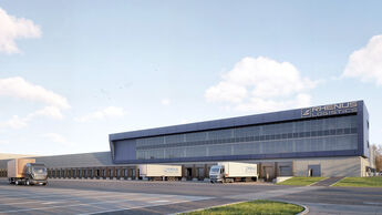 Architekturvisualisierung des neuen Rhenus Road Freight Umschlagzentrums in Dortmund.