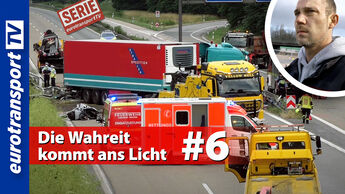 Aufnahme eines Lkw-Unfalls auf der A2 bei Dortmund; rechts Porträt eines Lkw-Fahrers; eurotransportTV-Logo, Serienstempel, Schrift „Die Wahrheit kommt ans Licht“ #6.