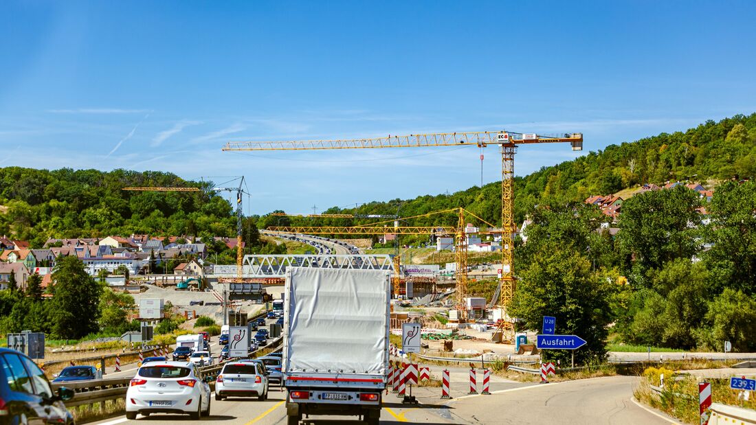August,2022: Road expansion and New Bridge over the Autobahn A8 near Pforzheim, Germany. construction site road works on highway. Enztal crossing, largest infrastructure project in southwest Germany