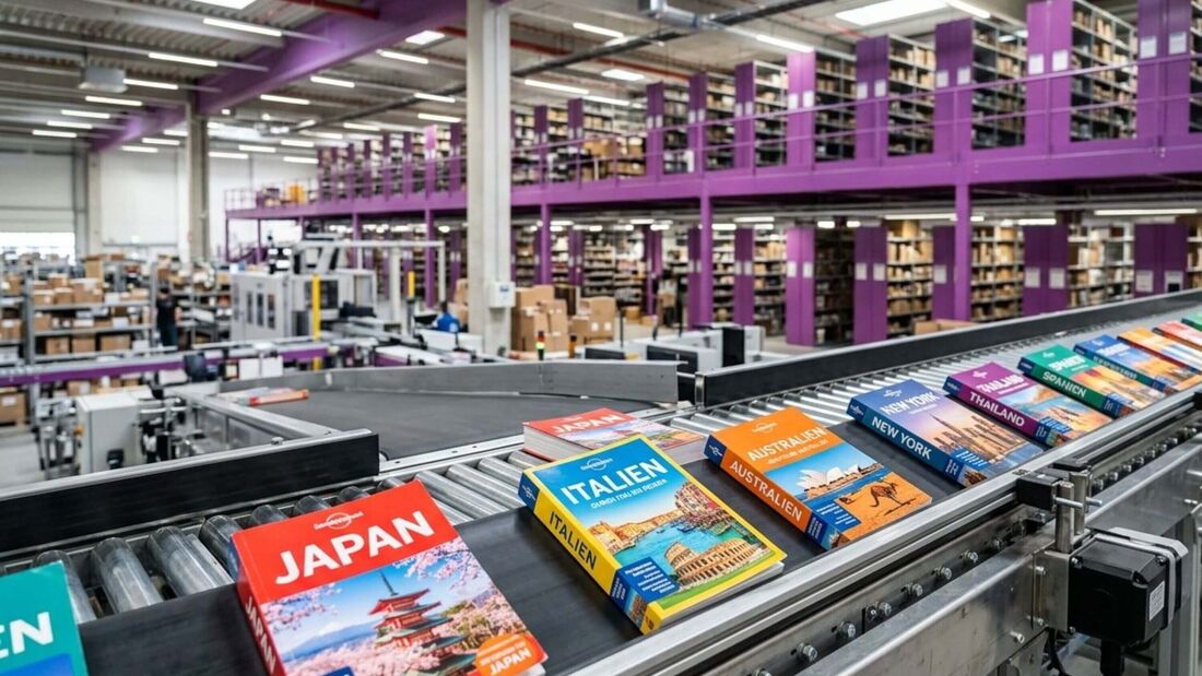 Automatisierte Verlagslogistik von Müller – Die lila Logistik mit Reise- und Kartenpublikationen von Mairdumont.