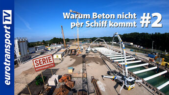 Baustelle der Schleusensanierung Rheine aus der Vogelperspektive mit Betonpumpen, Betonmischern und Baukran. Links eurotransportTV-Logo, Schriftinsert „Warum Beton nicht per Schiff kommt“ #2 sowie Serienstempel eurotransportTV.