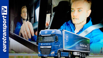 Bild-Collage mit einem Test-Lkw von ZF und einer virtuellen Erfassung des Gesichts vom Lkw-Fahrer.