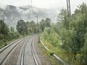 Blick auf eine zweigleisige, elektrifizierte Bahnstrecke, die durch eine neblige, bewaldete Landschaft führt. Korridorsanierungen zwingen Güterzüge teilweise zu langen Umwegen.
