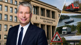 Bundesverkehrsminister Steffen Bilger vor dem Bundesverkehrsministerium in Berlin. Die Bildmontage symbolisiert die Erwartungen der Verkehrs- und Logistikverbände an die neue Leitung des Ministeriums sowie die zentralen Themen Straße, Schiene, Wasserstraße und Infrastruktur.