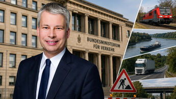 Bundesverkehrsminister Steffen Bilger vor dem Bundesverkehrsministerium in Berlin. Die Bildmontage symbolisiert die Erwartungen der Verkehrs- und Logistikverbände an die neue Leitung des Ministeriums sowie die zentralen Themen Straße, Schiene, Wasserstraße und Infrastruktur.