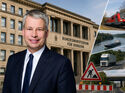Bundesverkehrsminister Steffen Bilger vor dem Bundesverkehrsministerium in Berlin. Die Bildmontage symbolisiert die Erwartungen der Verkehrs- und Logistikverbände an die neue Leitung des Ministeriums sowie die zentralen Themen Straße, Schiene, Wasserstraße und Infrastruktur.