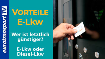 Collage aus dem Titel des Videos und einer Hand, die eine Bezahlkarte an das Display einer Ladesäule für Lkw hält.