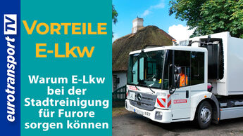 Collage aus einer Texttafel und einem Mercedes-Benz eEconic. Auf der Texttafel steht Vorteile E-Lkw,  Warum E-Lkw bei der Stadtreinigung für Furore sorgen können