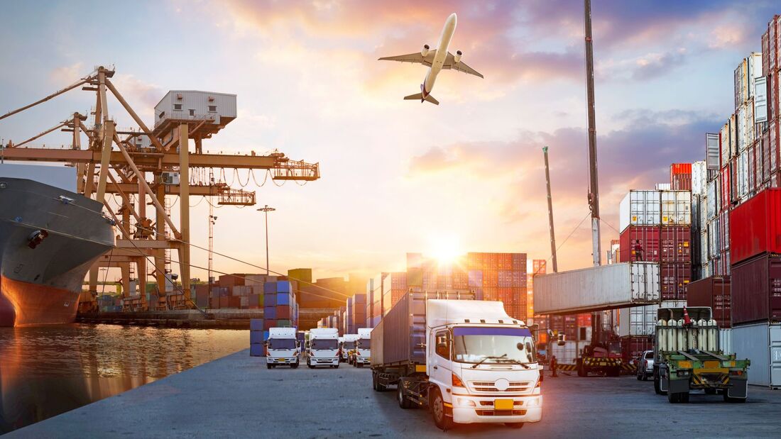 Container truck in ship port for business Logistics and transportation of Container Cargo ship and Cargo plane with working crane bridge in shipyard at sunrise, logistic import export and transport industry background