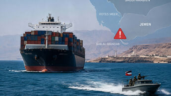 Containerschiff im Roten Meer vor der Meerenge Bab al-Mandab. Die angekündigte Huthi-Seeblockade gegen Saudi-Arabien erhöht die Risiken für Schifffahrt und Logistik.
