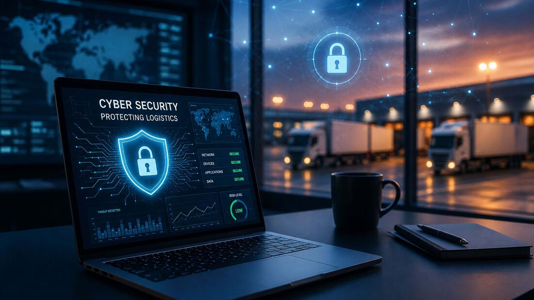 Cybersecurity-Dashboard vor einem Logistikstandort mit Lkw. IT-Sicherheit gewinnt für Transport- und Logistikunternehmen an Bedeutung.
