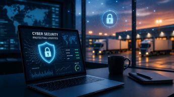 Cybersecurity-Dashboard vor einem Logistikstandort mit Lkw. IT-Sicherheit gewinnt für Transport- und Logistikunternehmen an Bedeutung.