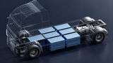 Darstellung eines Elektro-Lkw mit modular angeordneten CATL-Tectrans-2-Batteriepacks im Fahrzeugrahmen.