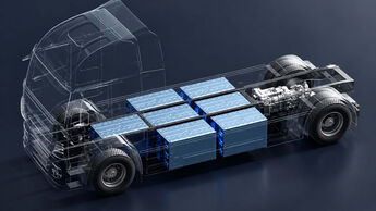Darstellung eines Elektro-Lkw mit modular angeordneten CATL-Tectrans-2-Batteriepacks im Fahrzeugrahmen.