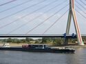 Das Niedrigwasser wie hier bei Düsseldorf führt dazu, dass Schiffe nur noch mit einem Bruchteil der sonst üblichen Ladung fahren können.