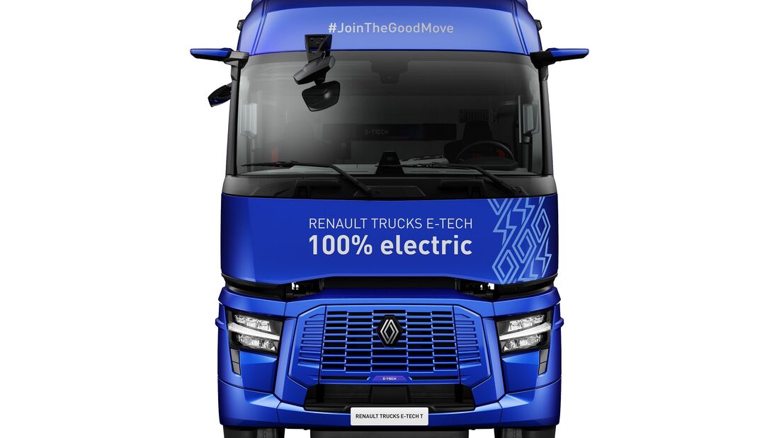 Der E-Tech T von Renault Trucks in blau auf weißem Hintergrund.