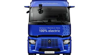 Der E-Tech T von Renault Trucks in blau auf weißem Hintergrund.