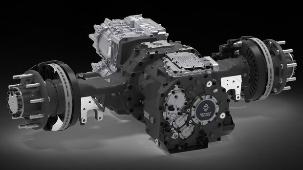 Die E-Achse des neuen E-Tech T von Renault Trucks auf schwarzem Hintergrund.