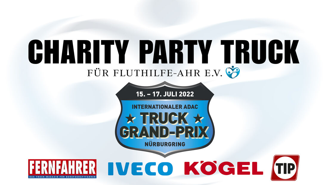 Die Logos der Sponsoren des Charity Party Truck 2022: FERNFAHRER, IVECO, KÖGEL und TIP PEMA