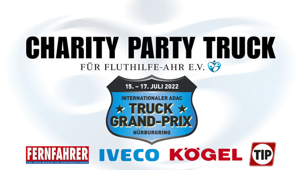 Die Logos der Sponsoren des Charity Party Truck 2022: FERNFAHRER, IVECO, KÖGEL und TIP PEMA