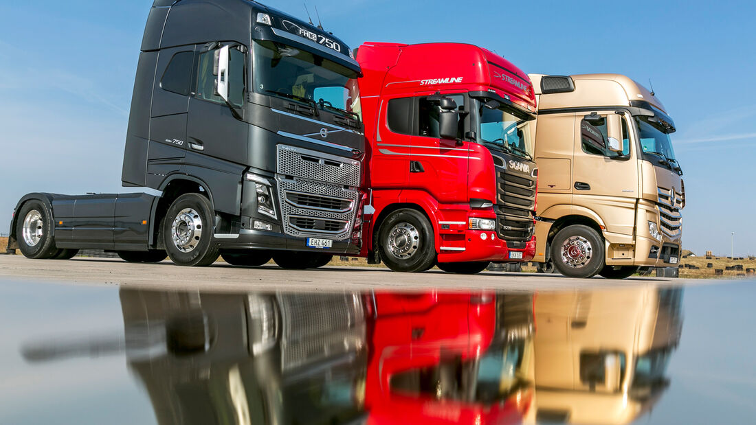 Die stärksten Serien-Lkw, Vergleichstest, Mercedes, Scania, Volvo