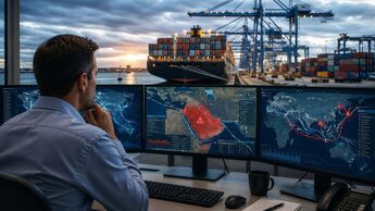 Digitale Überwachung internationaler Lieferketten mit umgeleiteten Seefrachtrouten während einer geopolitischen Krise.