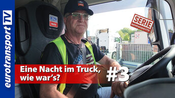 Ein Fahrer mit Ford-Trucks-Cap sitzt am Steuer des Ford F-MAX Select. Links das eurotransportTV-Logo, rechts oben der Serienstempel und unten steht: „Eine Nacht im Truck, wie war’s? #3“.