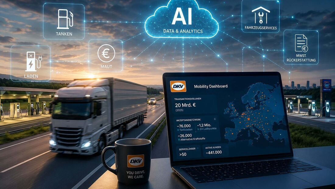 Ein Lkw auf der Autobahn vor einer digitalen Datenplattform symbolisiert den Einsatz von Künstlicher Intelligenz und Datenanalysen bei DKV Mobility für Fuhrparks und Logistikunternehmen.