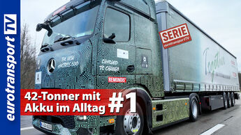 Ein Mercedes-Benz eActros 600 mit REMONDIS-Aufschrift auf der Autobahn, mit dem Titel "42-Tonner mit Akku im Alltag" und dem eurotransportTV-Logo am linken Bildrand.