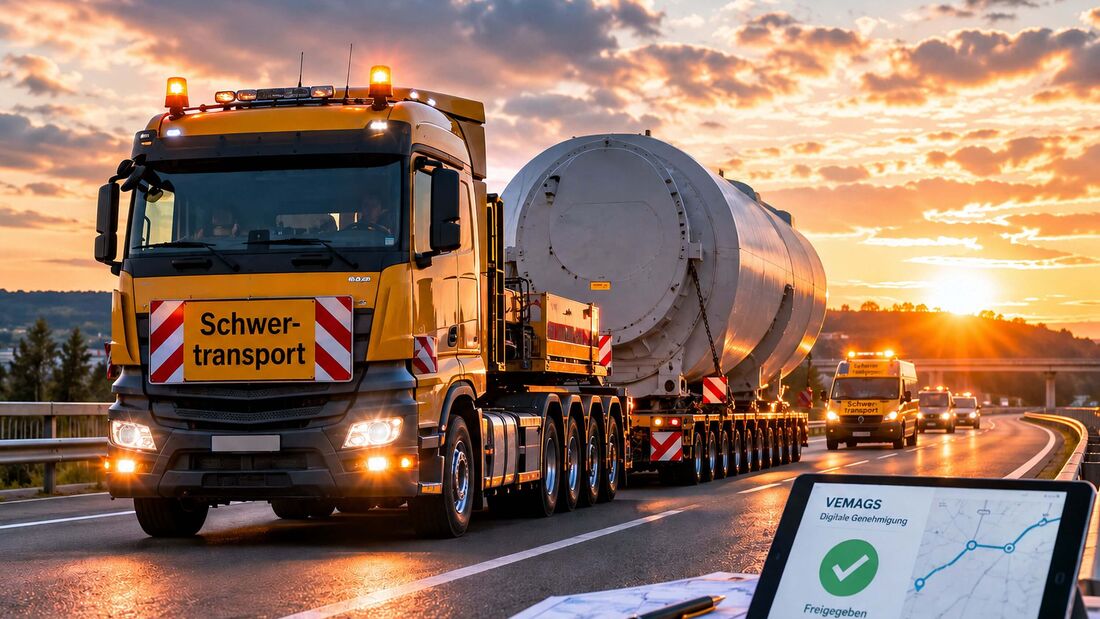 Ein Schwertransport fährt nachts auf einer Autobahn. Nordrhein-Westfalen will Genehmigungsverfahren für Groß- und Schwertransporte mit Digitalisierung, KI und einer neuen Behördenstruktur deutlich beschleunigen.