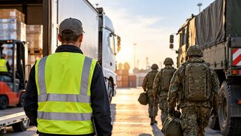 Ein Speditionsmitarbeiter in Warnweste steht vor einem Lkw, während mehrere Bundeswehrsoldaten zu einem Militärfahrzeug gehen. Das Motiv illustriert mögliche Personalausfälle in der Logistik durch den Reservistendienst. (KI-generiertes Symbolbild)