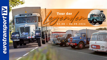 Eine Collage mit verschiedenen Lkw-Oldtimern und dem Logo der Tour der Legenden.