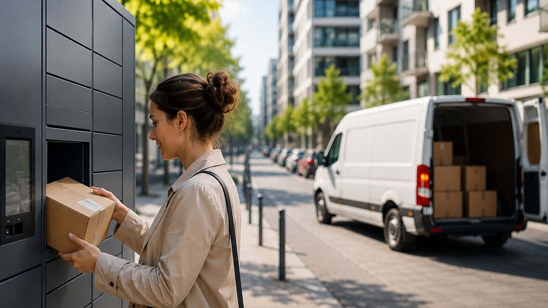 Eine Kundin entnimmt ein Paket aus einer Paketstation, während im Hintergrund ein Pakettransporter in einer Wohnstraße hält. Out-of-Home-Zustellung gewinnt auf der letzten Meile an Bedeutung.