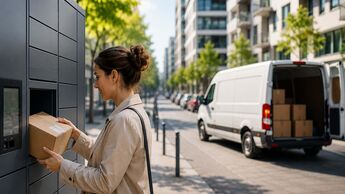 Eine Kundin entnimmt ein Paket aus einer Paketstation, während im Hintergrund ein Pakettransporter in einer Wohnstraße hält. Out-of-Home-Zustellung gewinnt auf der letzten Meile an Bedeutung.