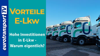 Eine Reihe von Mercedes-Benz eActros 600 Elektro-Lkw mit ecoContargo-Branding steht geparkt unter blauem Himmel. Links im Bild ist das eurotransportTV-Logo in Weiß auf blauem Hintergrund vertikal angeordnet.