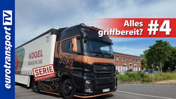 Ford F-MAX Select von außen, im Fokus die Fahrerkabine. Serien-Label und Text „Alles griffbereit?“ sind im Bild eingeblendet. Das eurotransportTV-Logo erscheint links am Bildrand.
