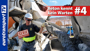 Frischer Beton fließt aus der Rutsche eines Betonmischers auf der Baustelle der Schleusensanierung Rheine. Links eurotransportTV-Logo, Serienstempel und Schriftinsert „Beton kennt kein Warten“ #4.