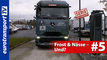 Frontansicht des eActros 600 auf einem Hof im Winterlicht, mit REMONDIS-Schriftzug auf der Sonnenblende. Im unteren Bereich der Teasertext „Frost & Nässe – Und?“ sowie das eurotransportTV-Logo am linken Bildrand.