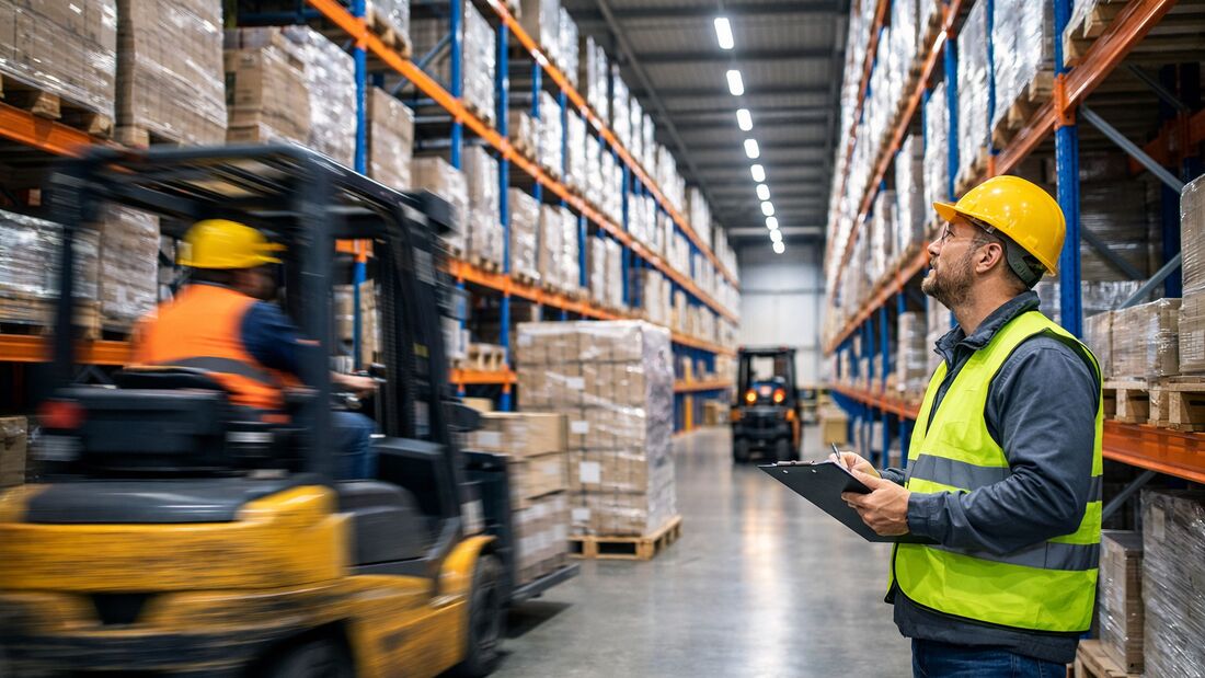 Gabelstapler im Einsatz in moderner Logistikhalle mit energieeffizienter LED-Beleuchtung