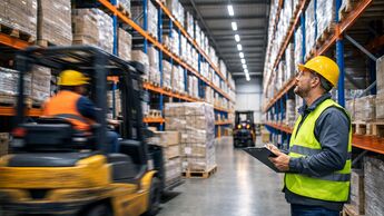 Gabelstapler im Einsatz in moderner Logistikhalle mit energieeffizienter LED-Beleuchtung