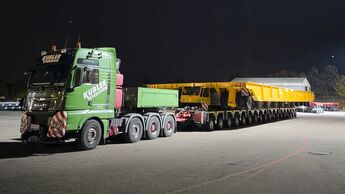 Größter Transport auf Landstraßen: Spedition Kübler befördert SCHEUERLE ShipyardTransporter von Pfedelbach nach Heilbronn.