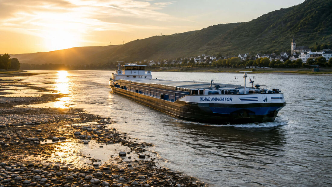 Güterschiff auf dem Rhein bei Niedrigwasser