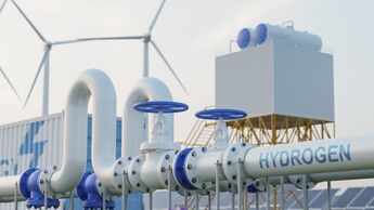 Hydrogen pipeline of energy sector towards to ecology,carbon credit,Clean Energy,secure,carbon neutral,transformation,solar,power plant and energy sources balance to replace natural gas.3d rendering.