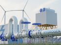 Hydrogen pipeline of energy sector towards to ecology,carbon credit,Clean Energy,secure,carbon neutral,transformation,solar,power plant and energy sources balance to replace natural gas.3d rendering.