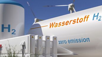 Hydrogen renewable energy production - hydrogen gas for clean electricity solar and windturbine facility. print says "Wasserstoff", thats the german word for "Hydrogen". 3d rendering.