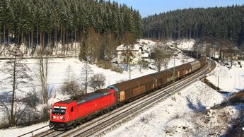 Im Frankenwald an der Bastelsmühle rollt DB Cargo mit Ellok Baureihe 187 vorbei
