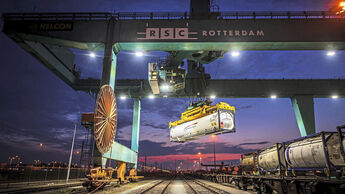 Industrial photography of the LNG Container that can be transported by truck and by train. Photographed at RSC Containers in Waalhaven, Rotterdam.