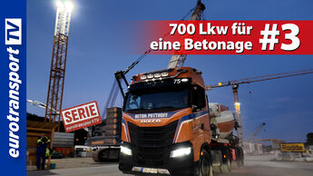 Iveco-Betonmischer auf der Baustelle der Schleusensanierung Rheine bei Dämmerung mit Baukran im Hintergrund. Links eurotransportTV-Logo, Schriftinsert „700 Lkw für eine Betonage“ #3 sowie Serienstempel eurotransportTV.