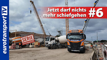 Iveco-Betonmischer von Beton Potthoff auf einer Baustelle der Schleusensanierung Rheine. Zu sehen sind ein Kran, eine Betonpumpe und ein Arbeiter im Hintergrund sowie das eurotransportTV-Logo, der Serienstempel und die Einblendung „Jetzt darf nichts mehr schiefgehen #6“.