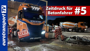 Iveco-Betonmischer von Beton Potthoff auf einer nächtlichen Baustelle der Schleusensanierung Rheine. Zu sehen sind Baustellenbeleuchtung, weitere Betonmischer im Hintergrund, das eurotransportTV-Logo, der Serienstempel und die Einblendung „Zeitdruck für Betonfahrer #5“.